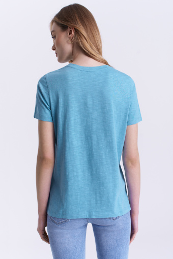 Bawełniany top z ozdobną grafiką, jasny turkus