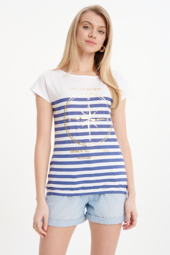 Biało-niebieski top w paski złota grafika