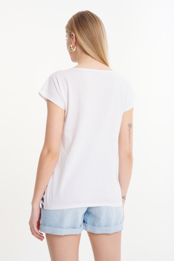 Biało-niebieski top w paski złota grafika