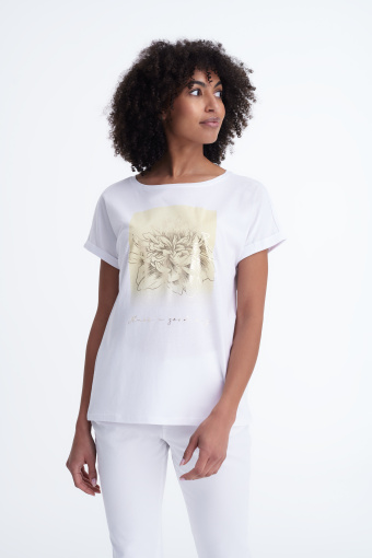 Stylowy, biały top ze złotą grafiką