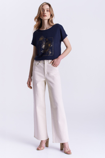 Uniwersalny, granatowy top z kwiatową grafiką