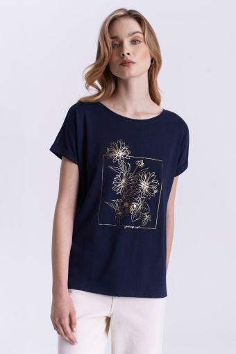 Uniwersalny, granatowy top z kwiatową grafiką