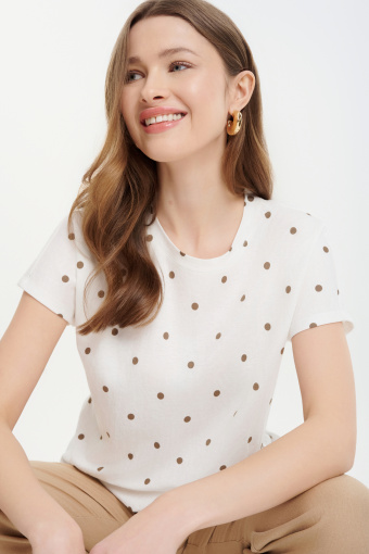 Top z wiązaniem nadruk w beżowe groszki