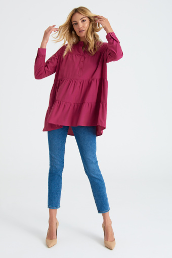 Tunika oversize z efektownymi falbanami, różowa