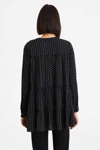 Czarna tunika koszulowa z falbanami, nadruk w kropki