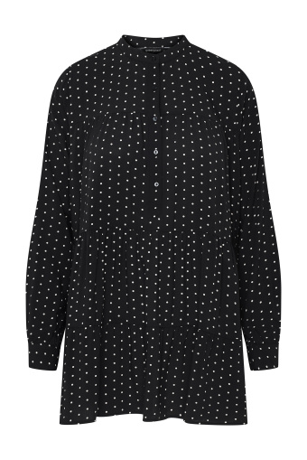 Czarna tunika koszulowa z falbanami, nadruk w kropki