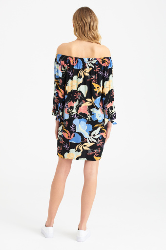 Tunika z nadrukiem w kwiaty, dekolt carmen