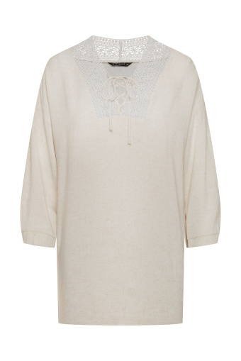 Tunika z koronkowym dekoltem, kremowa