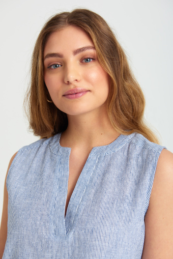 Lniana tunika bez rękawów, nadruk w paski Lniana tunika bez rękawów, nadruk w paski