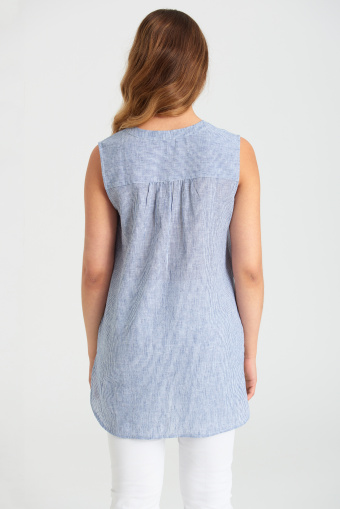 Lniana tunika bez rękawów, nadruk w paski Lniana tunika bez rękawów, nadruk w paski