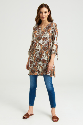 Luźna tunika z nadrukiem typu paisley, rękaw 3/4