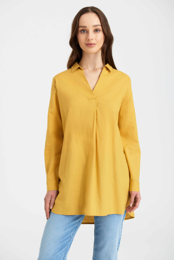 Oversize'owa tunika z dodatkiem lnu, żółta