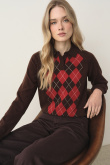 Czekoladowy sweter w romby z domieszką wełny