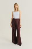 Lniano-wiskozowe spodnie z szeroką nogawką ciemny brąz
