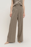 Eleganckie beżowe spodnie wide leg nadruk w kratkę