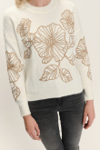Stylowy biały sweter w złote kwiaty
