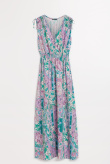 Długa sukienka w orientalny print różowo-zielona
