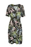 Casualowa sukienka z wiązanym paskiem, tropikalny nadruk