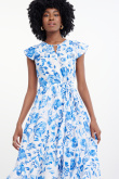 Kobieca sukienka z asymetrycznym dołem biało-niebieska
