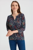 Granatowa bluzka z dekoltem w szpic, nadruk typu paisley