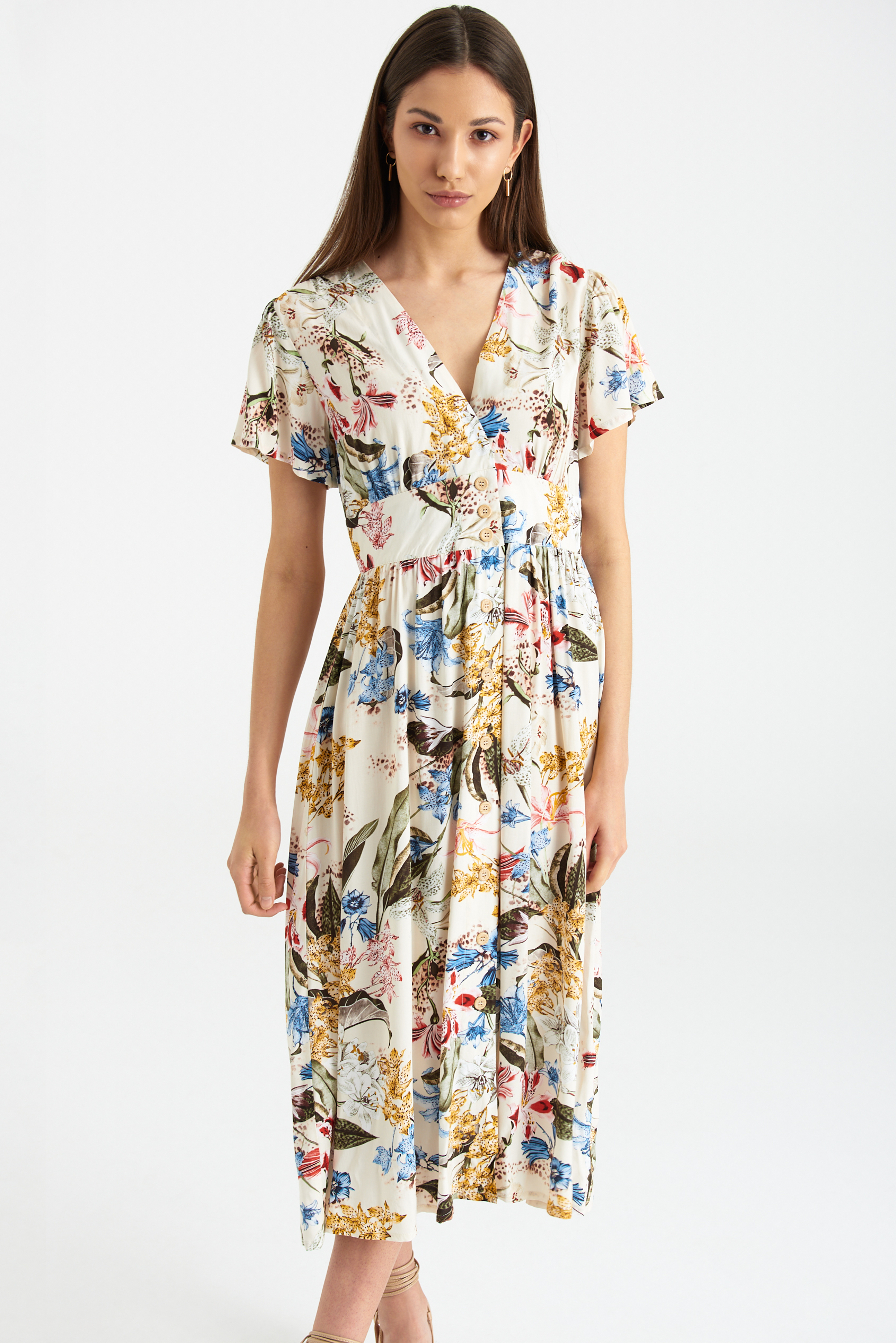 Wiskozowa sukienka midi z nadrukiem w kwiaty, dekolt V