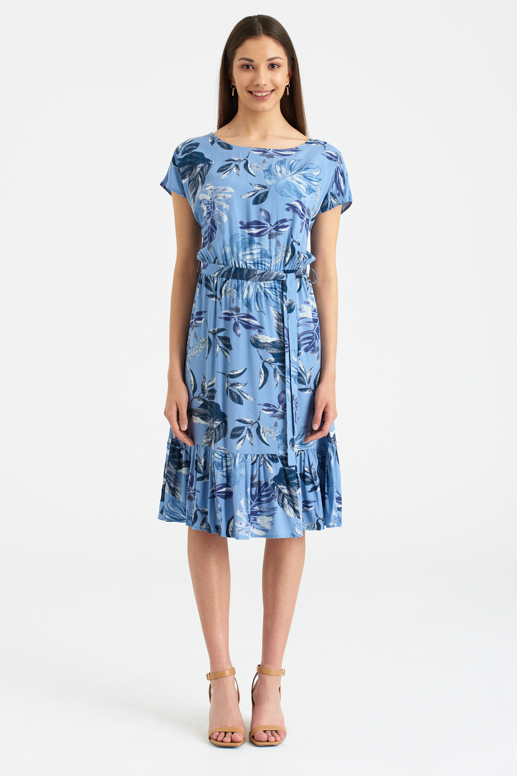 Niebieska, wiskozowa sukienka z nadrukiem w liście