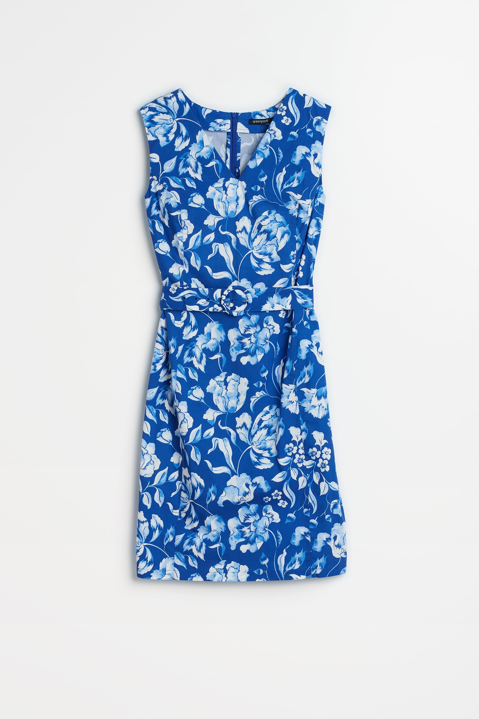 Dopasowana sukienka z nadrukiem w kwiaty kobalt