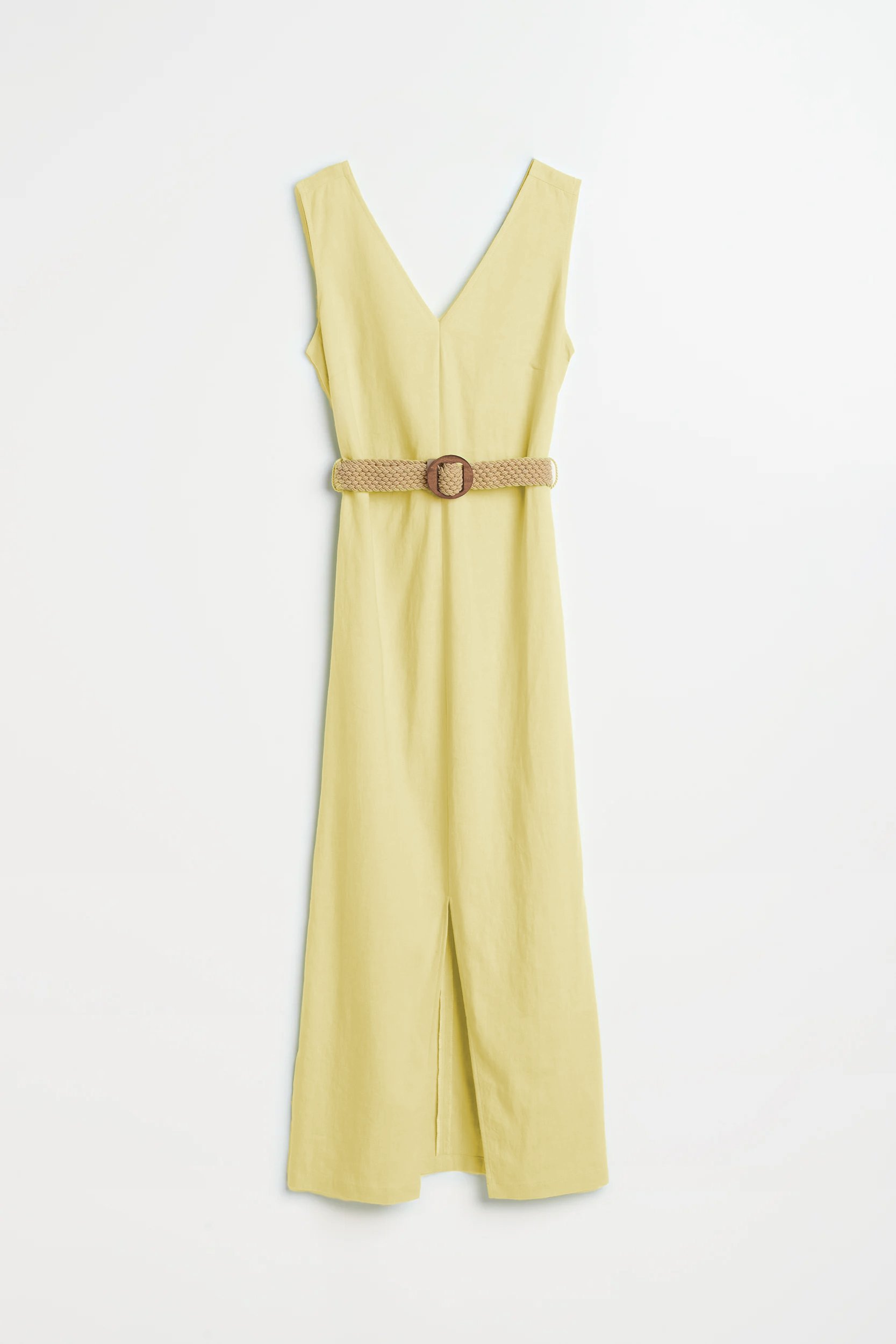 Lniana sukienka midi w słonecznym odcieniu żółci