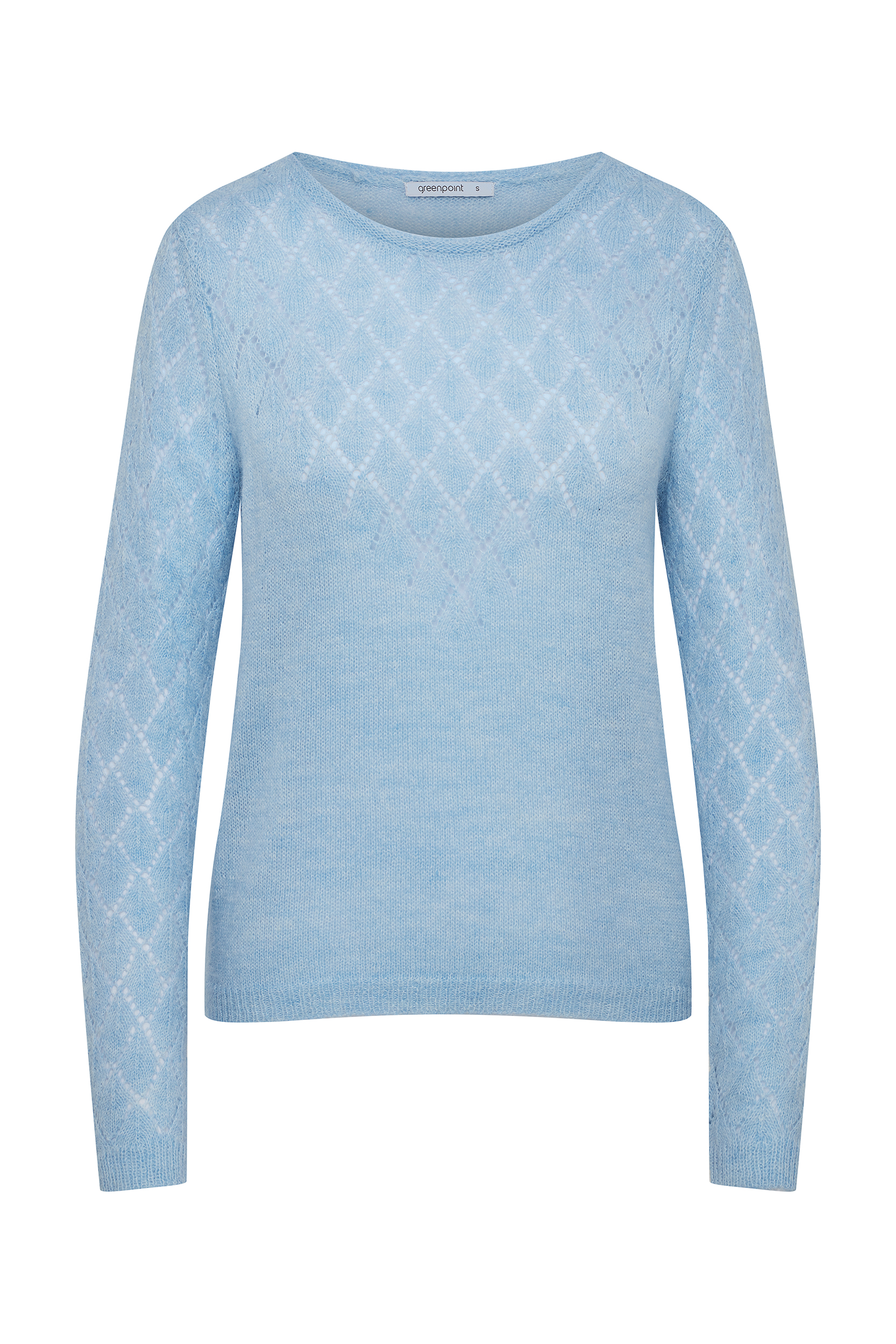 Błękitny sweter zdobiony ażurowym splotem