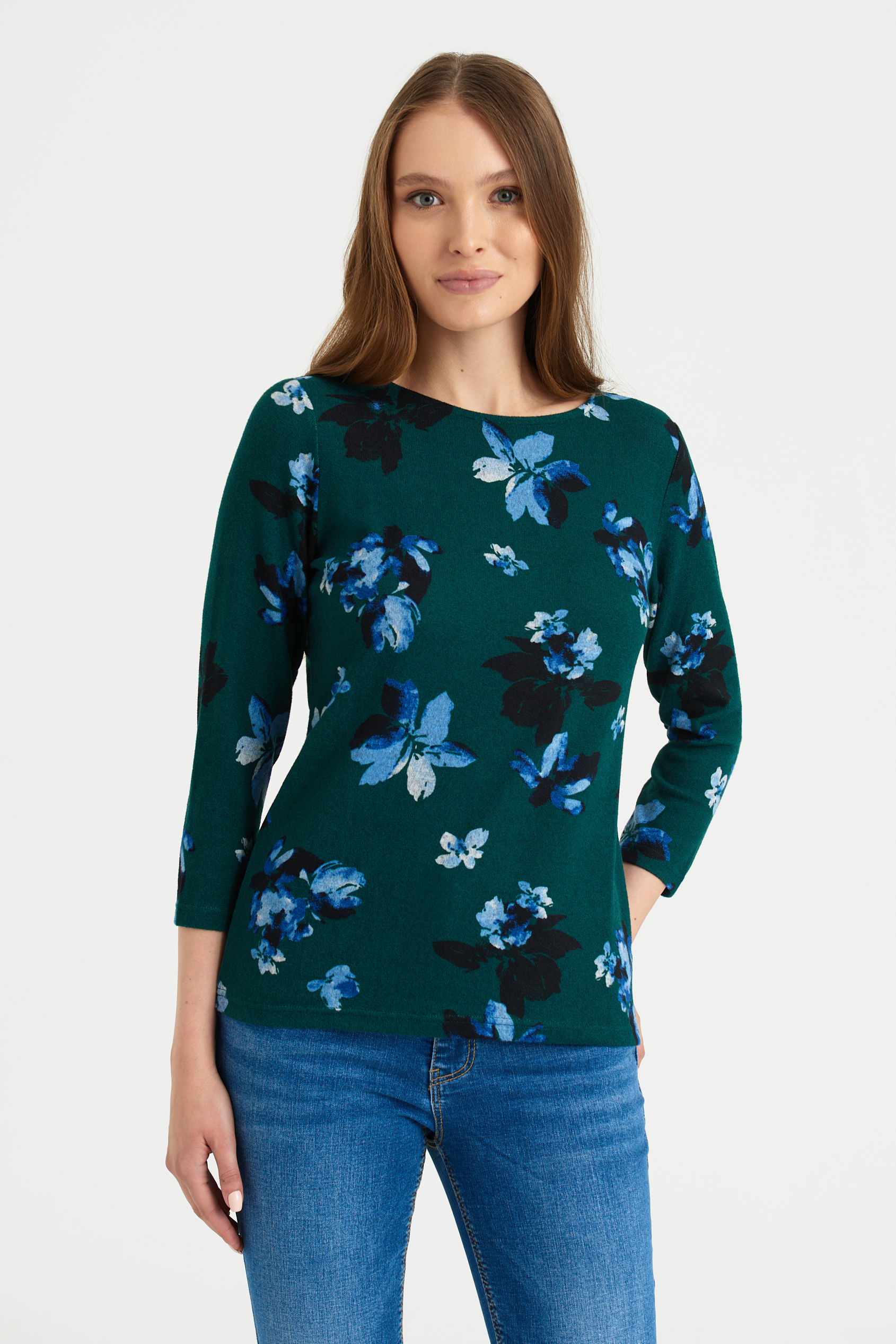 Ciemnozielony sweter z rękawami 3/4, nadruk w kwiaty