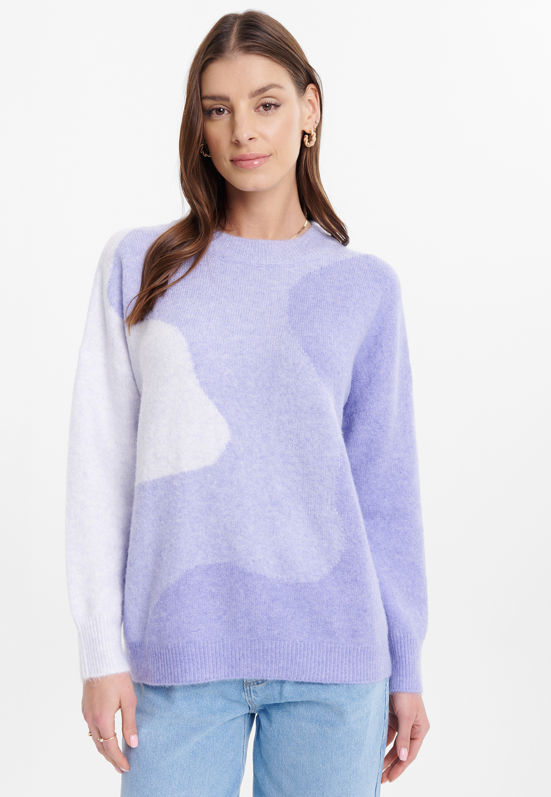 Luźny sweter z abstrakcyjnym wzorem, fiolet